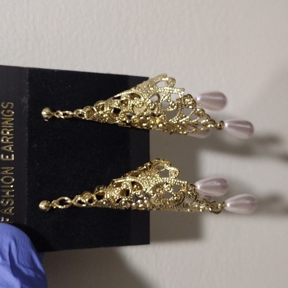 Women's Gold-tone Filigree Cone Shape Design Beaded Drop Dangle Earrings, #2 - Picture 4 of 5